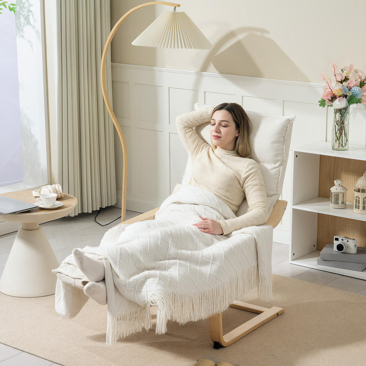RELAXSESSEL DE-13311 mit verstellbarer Fußstütze & Veloursbezug Creme - Creme, Holz (67/105/93cm) - ComfortXL