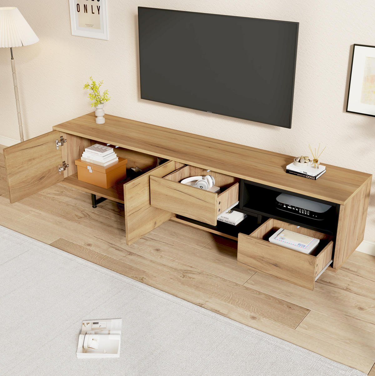 LOWBOARD 173/38/48 cm aus Holzwerkstoff mit Kabeldurchlass Holzfarben - Naturfarben, Holzwerkstoff (173/48/38cm) - Modenvie