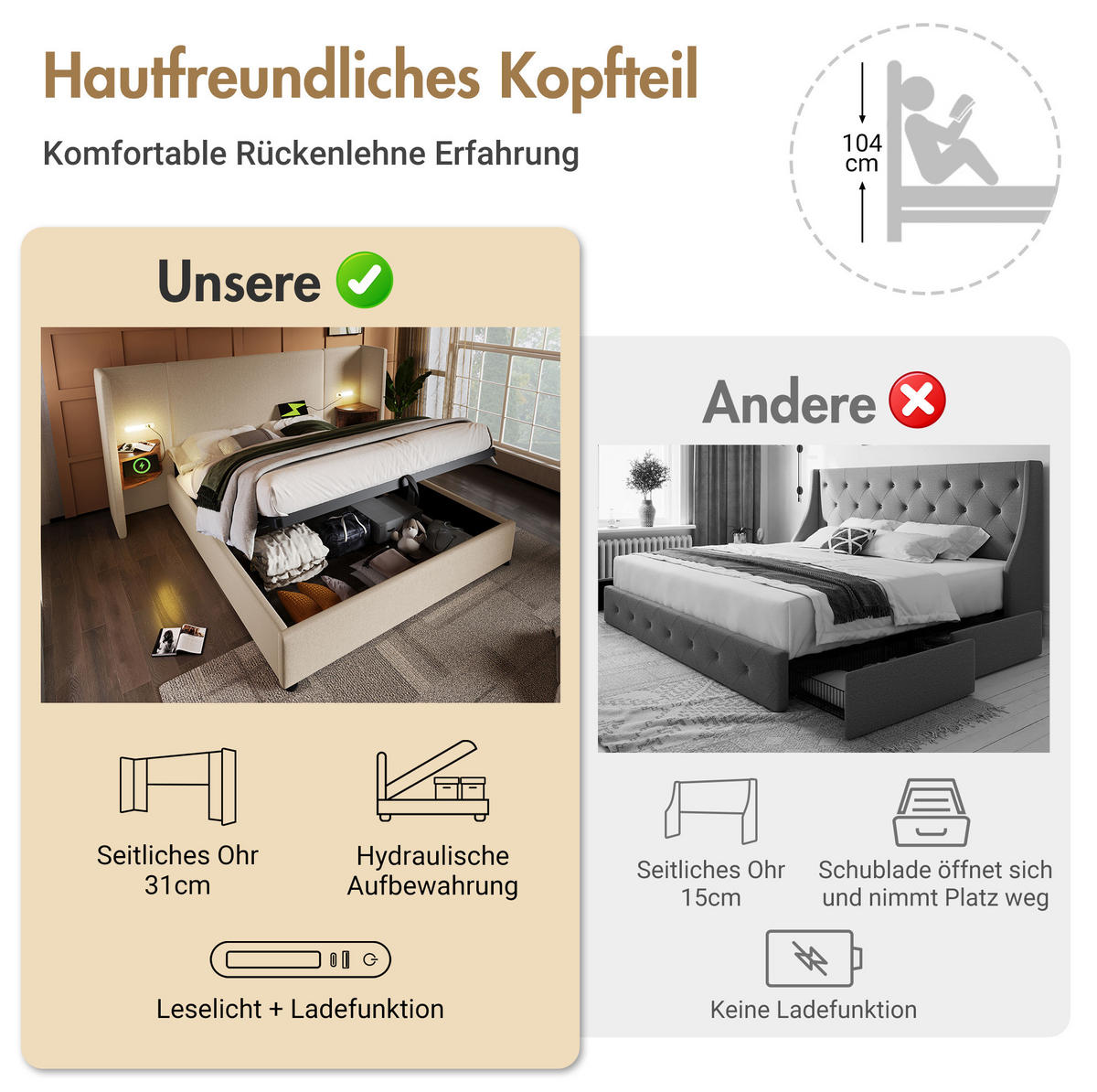 POLSTERBETT 160/200 cm Beige aus Leinen mit Stauraum, Leselampe und USB-Type-C-Ladefunktion - Beige, Textil (160/200cm) - OKMYHOME