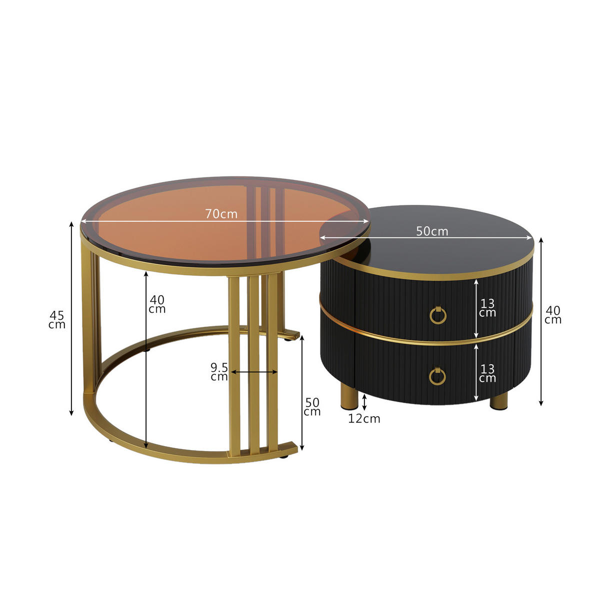 COUCHTISCH-SET, 2-teilig, MDF/Tanne mit gehärtetem Glas & Hochglanzfläche, 70/70/45 + 50/50/40 cm, Gold und Schwarz - Schwarz, Holzwerkstoff (70/70/46cm) - Redom