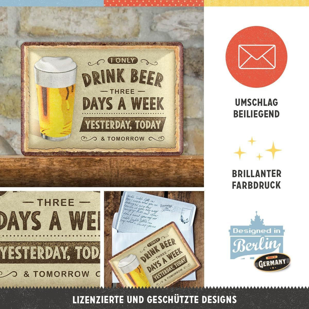 MINIBLECHSCHILD 10/14 cm Drink Beer Three Days - Multicolor, Metall (14/10/0.1cm) - Nostalgic-Art