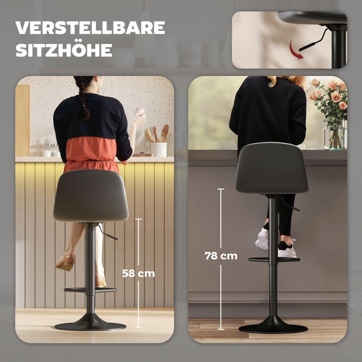 BARHOCKER DE-36019 2er Set höhenverstellbar drehbar Schwarz - Schwarz, Metall (44/104/40.5cm) - ComfortXL