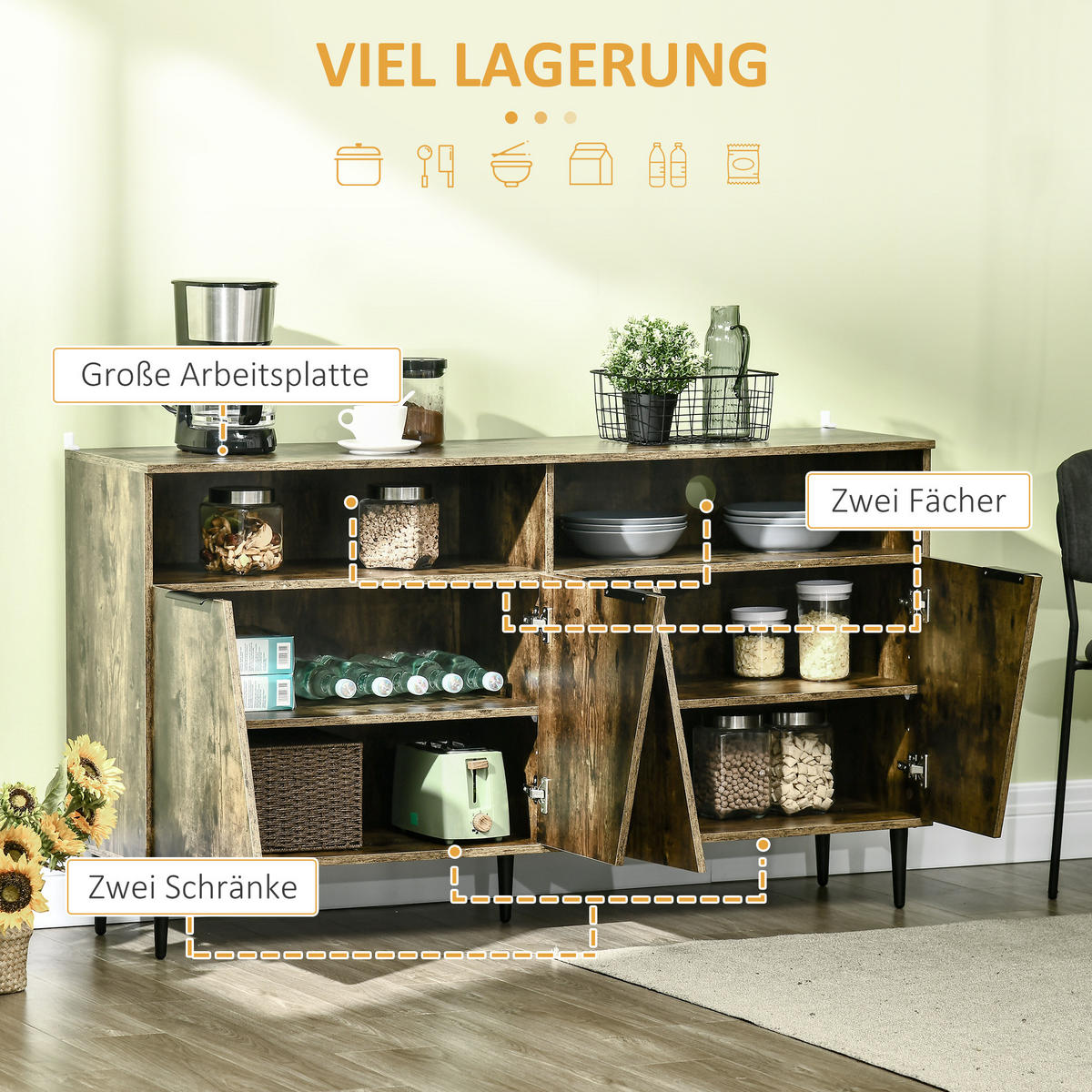 KOMMODE, Spanplatte, Rustikales Braun+Schwarz - Braun, Kunststoff (40/83/147cm) - HOMCOM