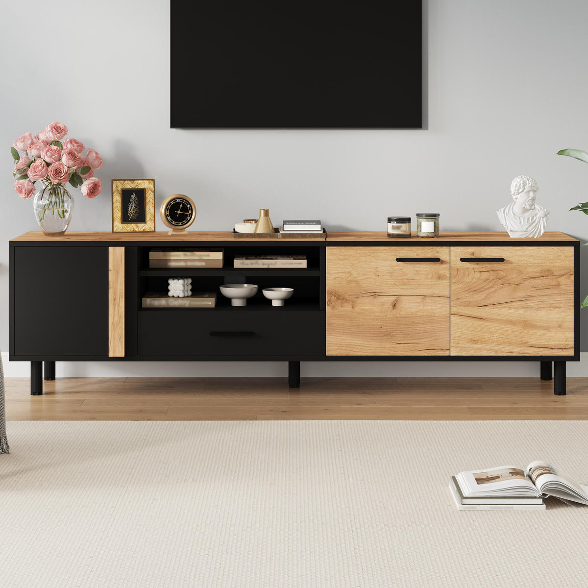 TV-SCHRANK Schwarz-Holzoptik aus Spanplatte mit 5 Stützbeinen 180 × 32,5 × 50 cm - Naturfarben, Holzwerkstoff (180/50/32.5cm) - Luhomfu