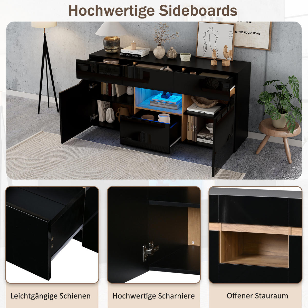 SIDEBOARD LED Schwarz Holz 4 Schubladen 2 Fächer 140x40x70cm - Schwarz, Holzwerkstoff (40/70/140cm) - FLIEKS