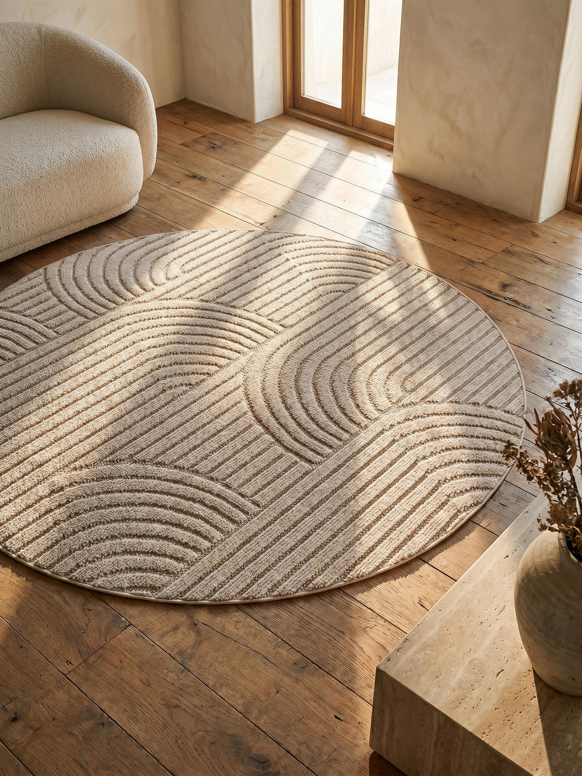TEPPICH Flachgewebe LANGAU in Beige, mit geometrischen Bögen, Ø 80 cm - Beige, Textil (80/80cm) - KADIMA DESIGN