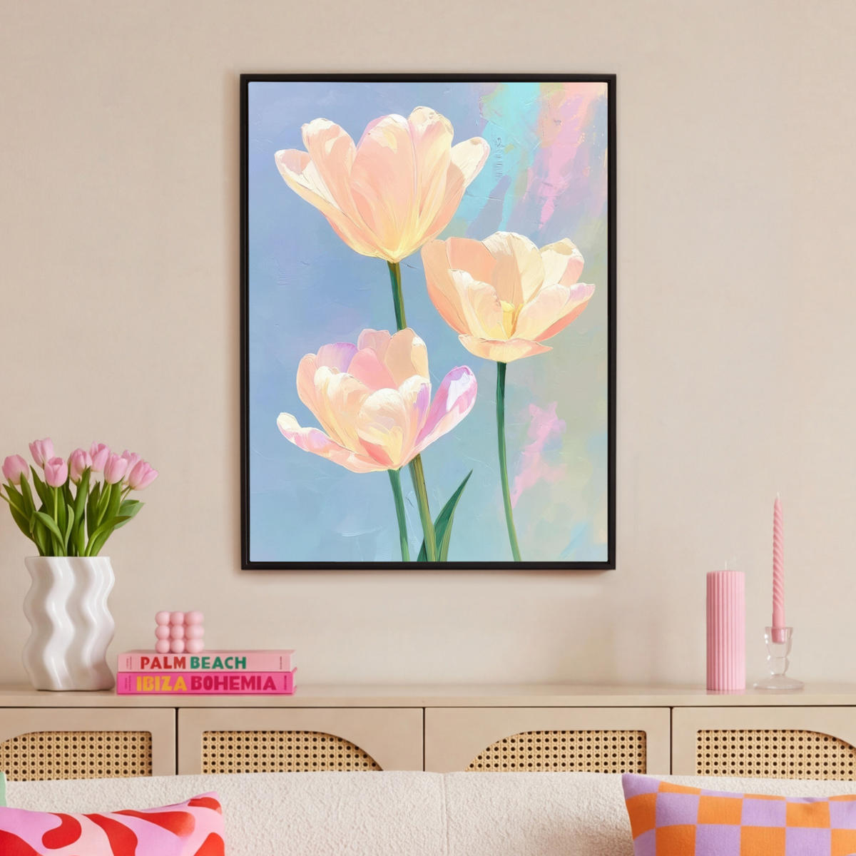 LEINWAND Bilder mit Rahmen - Tulpen - Rosa Akzente - Blau - 70x100 - Pastellblau, Textil (70/100cm) - MuchoWow