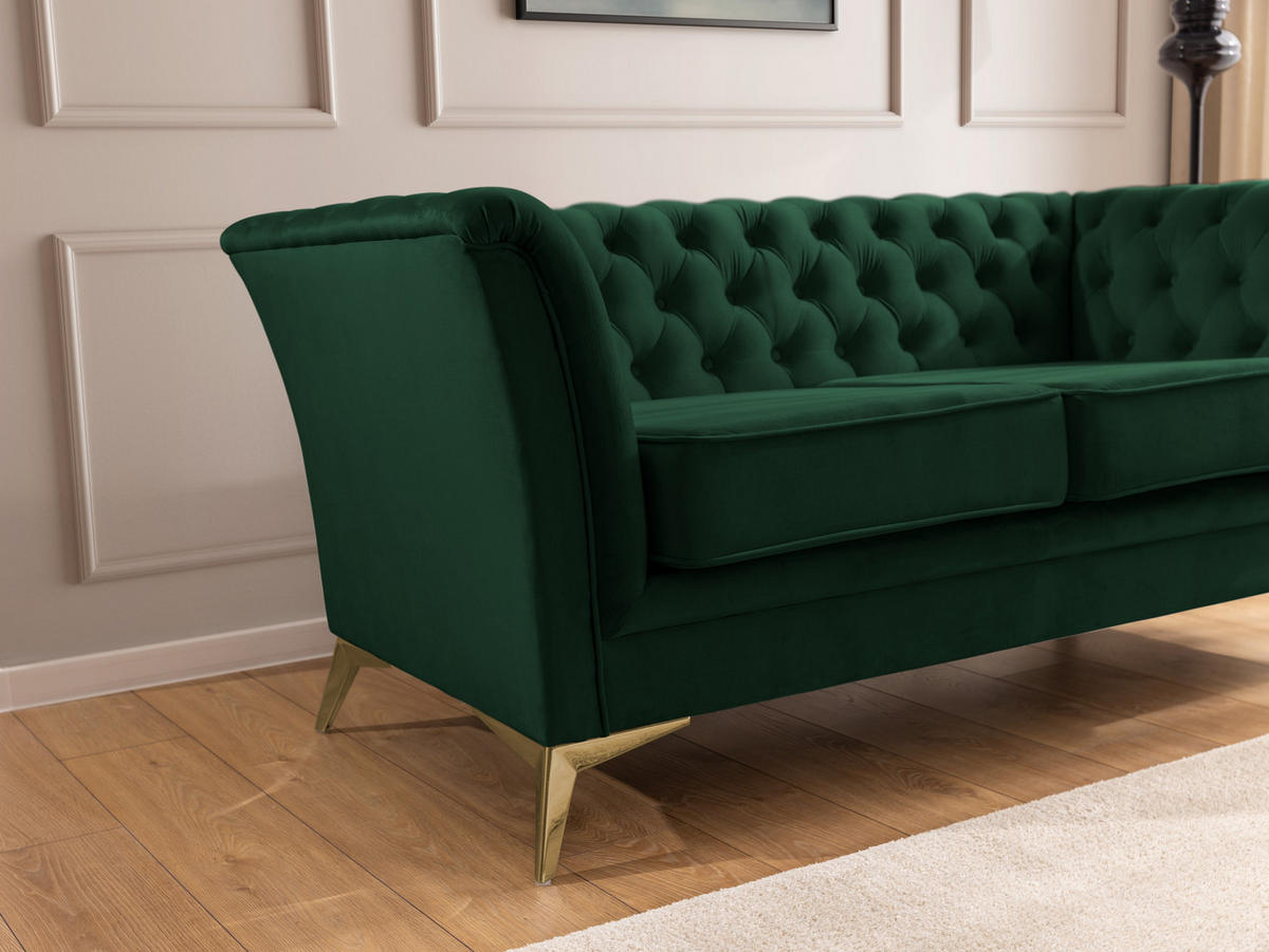CHESTERFIELD-SOFA 2-sitzer Whitby Flaschengrün Samt mit goldenen Füßen - Dunkelgrün/Goldfarben, Holz/Textil (175/78/82cm) - S-Style Möbel