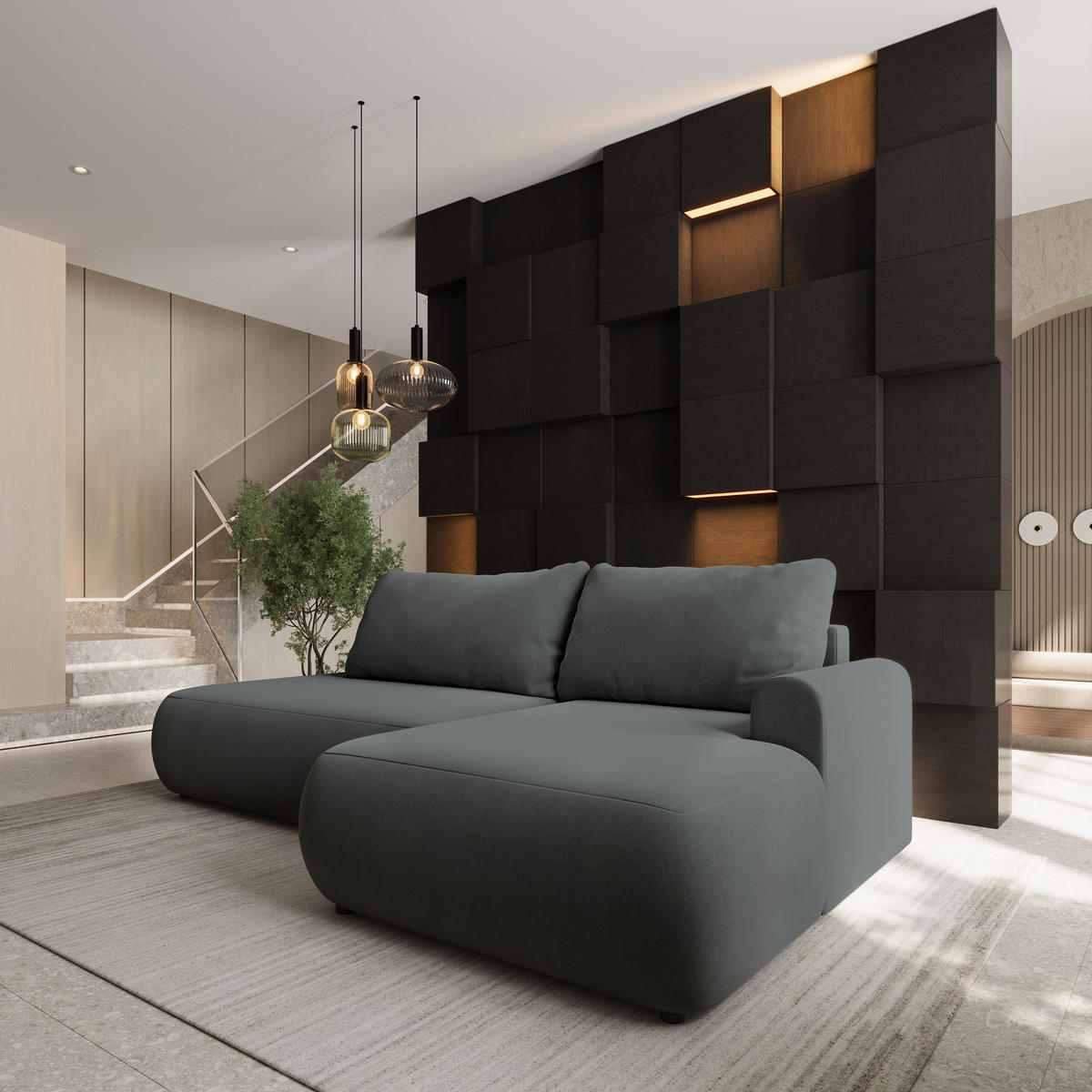 ECKSOFA NUVIRA CL R-S Grau Samtstoff mit Schlaffunktion - Grau, Holzwerkstoff/Textil (279/158cm) - MASSENO