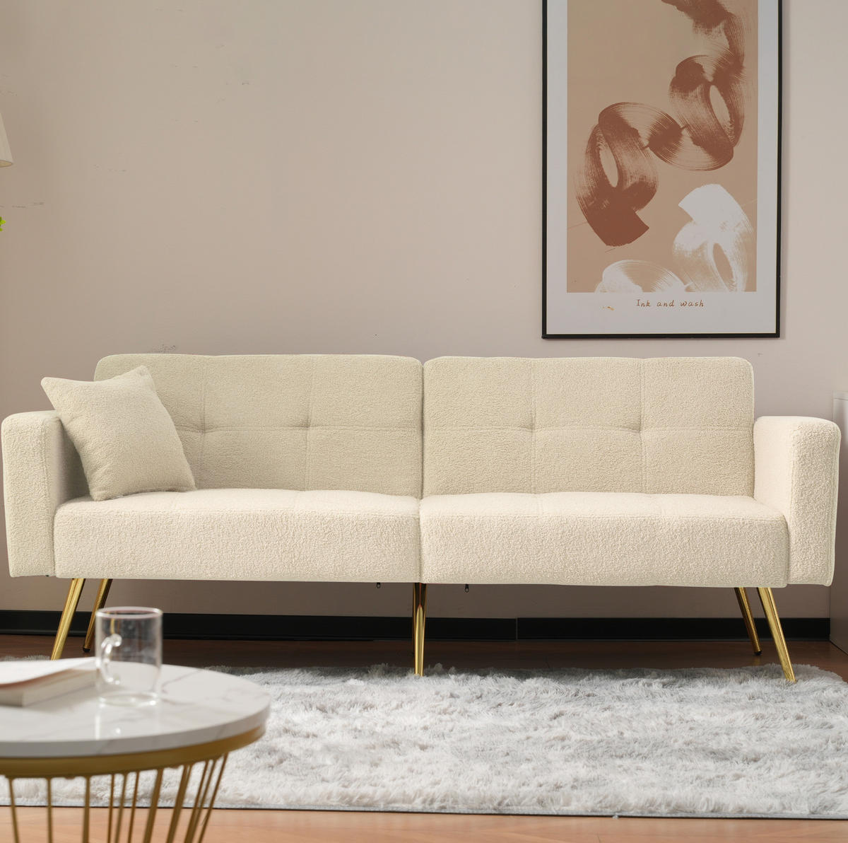 SCHLAFSOFA Lammwollstoff mit verstellbarer Rückenlehne und Seitentaschen Beige 175/64/72 cm - Beige, Textil (64/72/175cm) - Redom