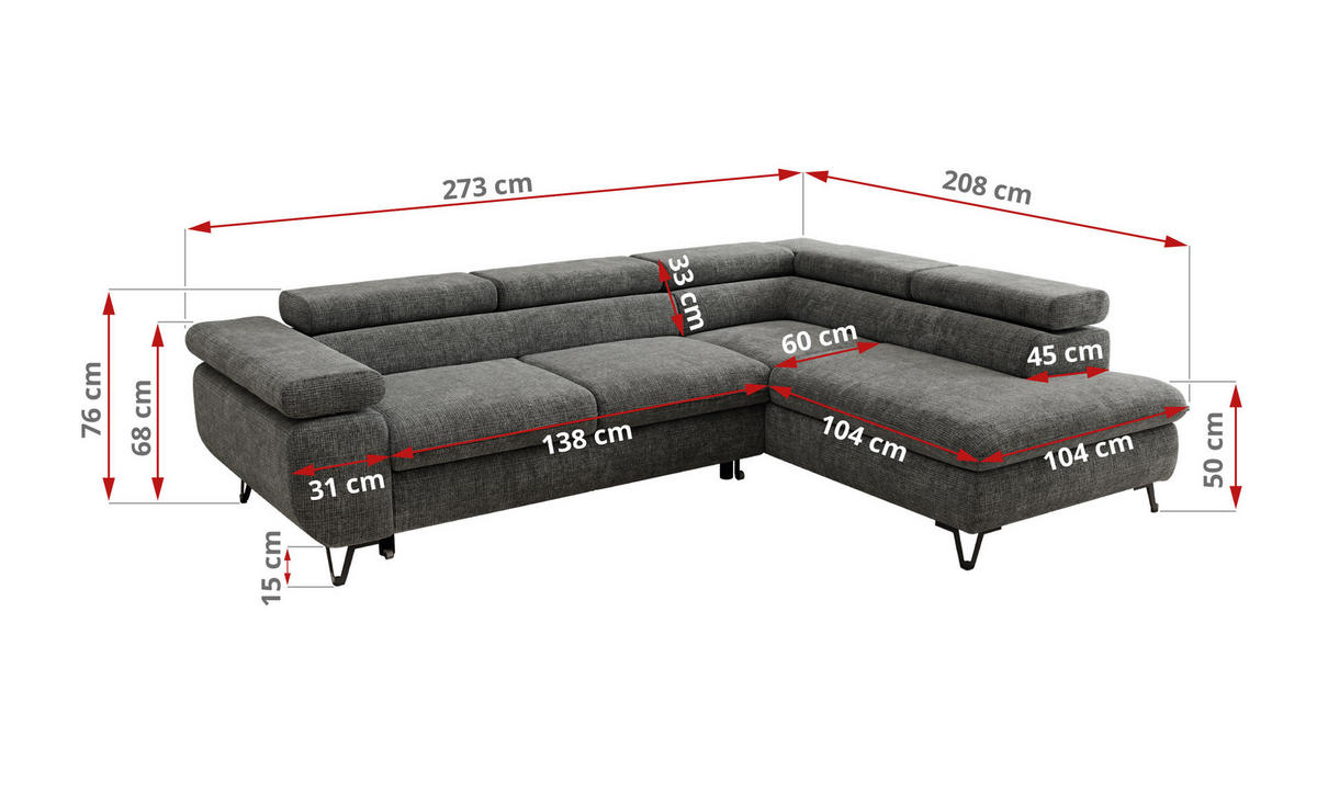 ECKSOFA PABLO L Grau Schenille grob gewebt - Links Seite - Schwarz/Grau, Textil/Metall (208/273cm) - MKS