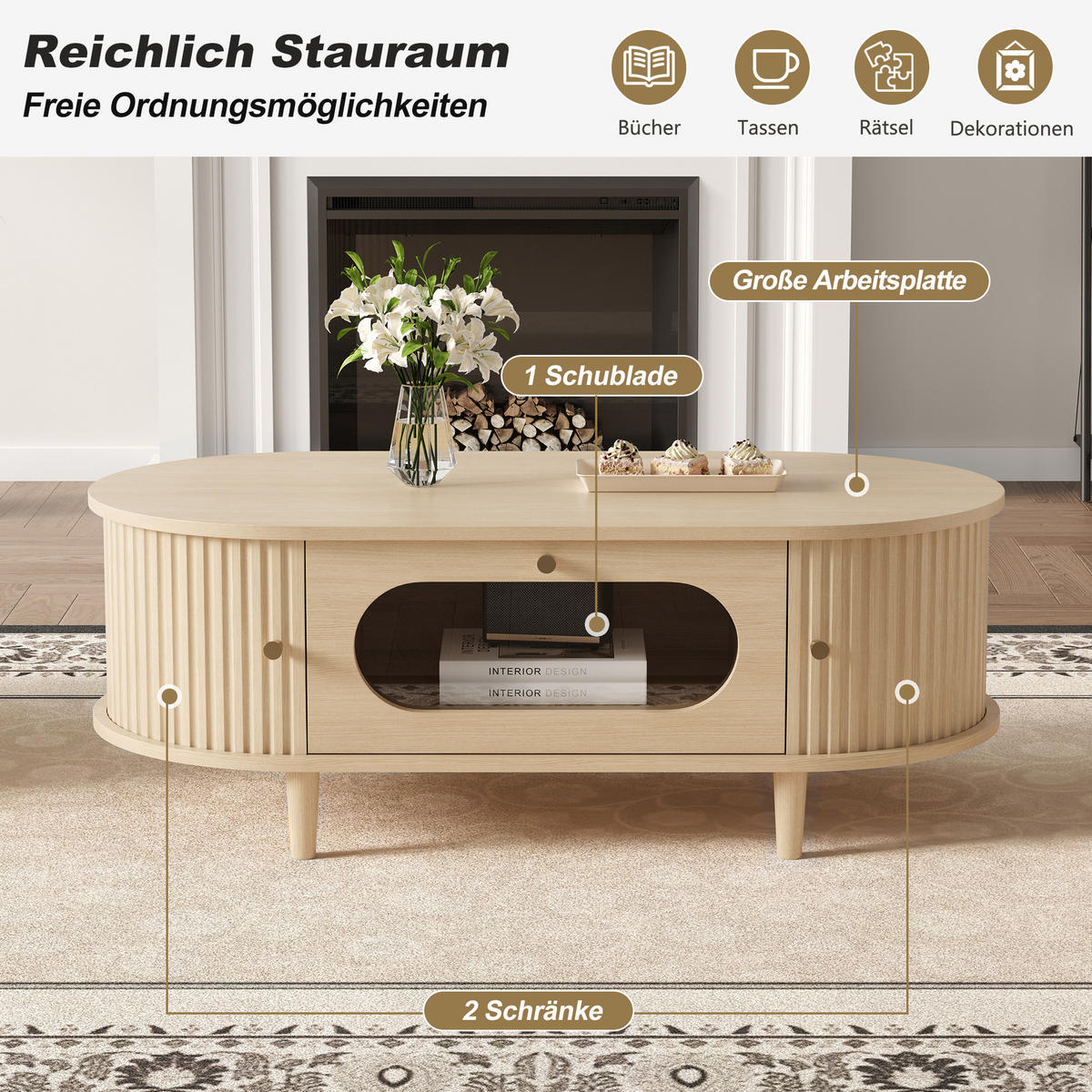 COUCHTISCH in Eichefarben Sofatisch mit Schublade und Rolltür, Sofa- und Beistelltisch mit 4 Stützbeinen, B100/T50/H36cm - Eichefarben, Glas/Holzwerkstoff (50/100/36cm) - STILVORA