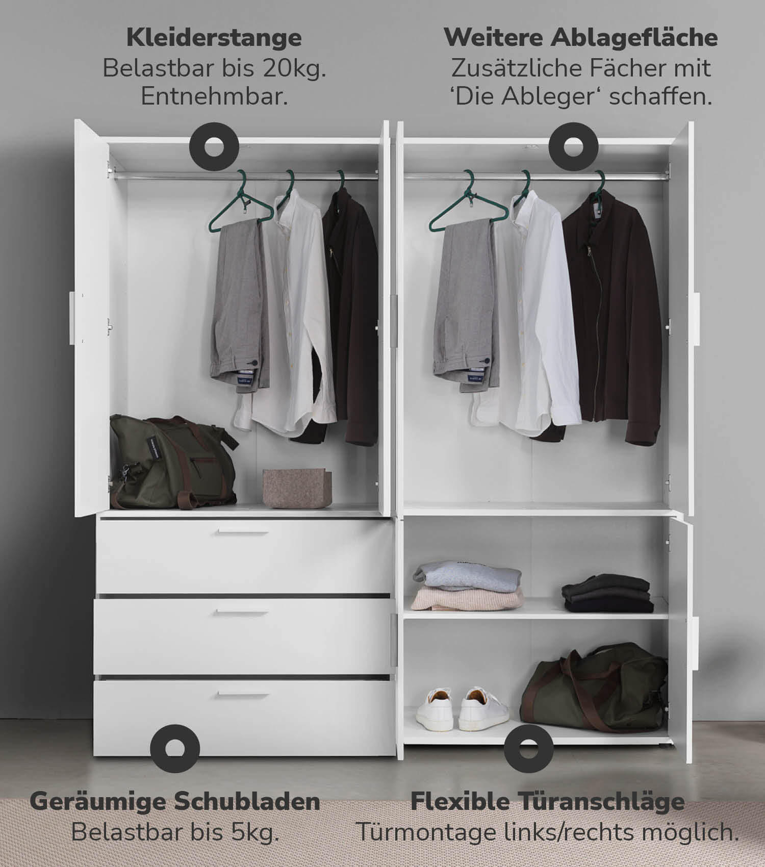 KLEIDERSCHRANK mit Spiegel Der Grenzenlose - Weiß, Holzwerkstoff (180/187/58cm) - Mokebo