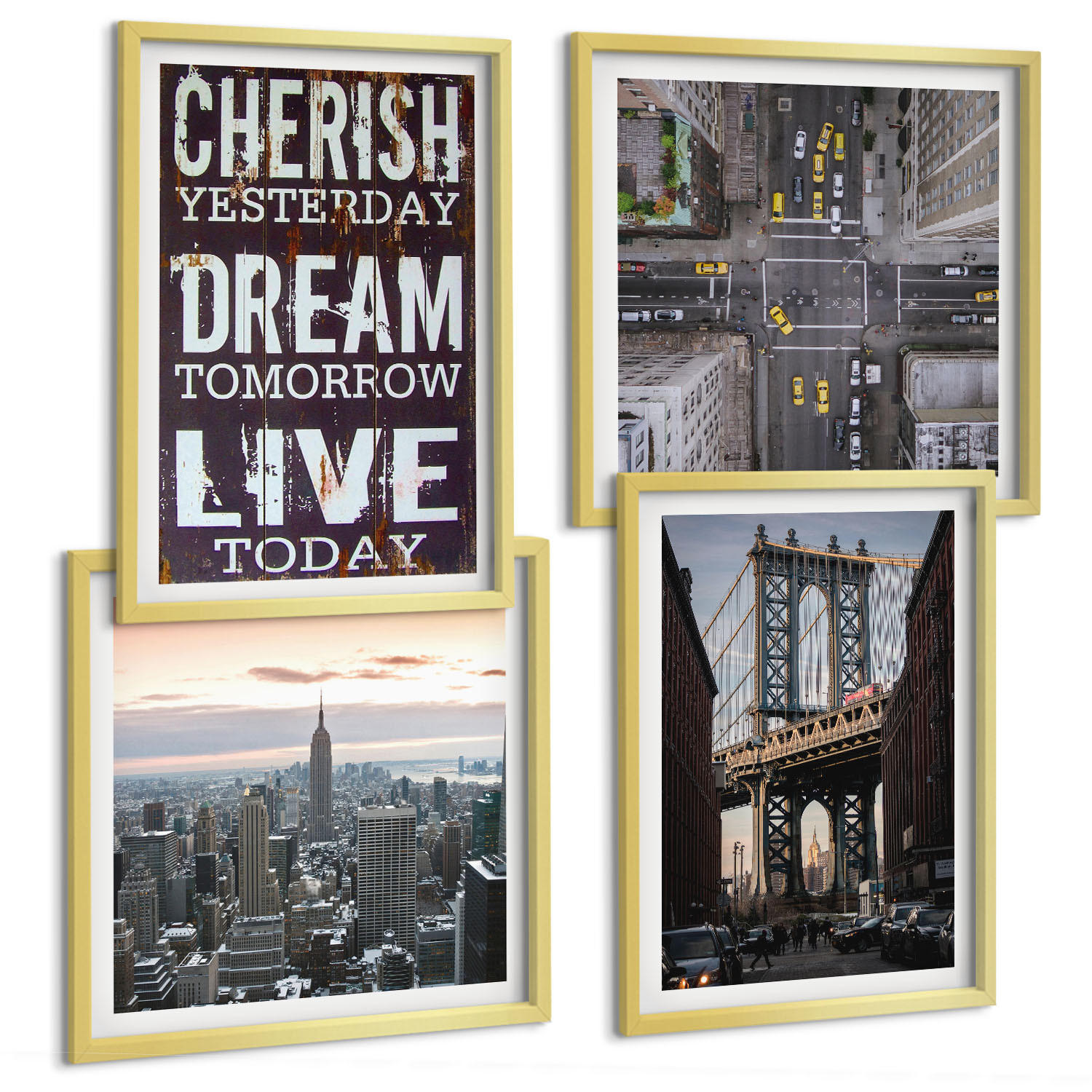 BILDER SET 4er Set - 50x50 cm & 40x60 cm Goldrahmen - Zitat über New Yorker Landschaften - Goldfarben, Kunststoff (50/50cm) - TULUP