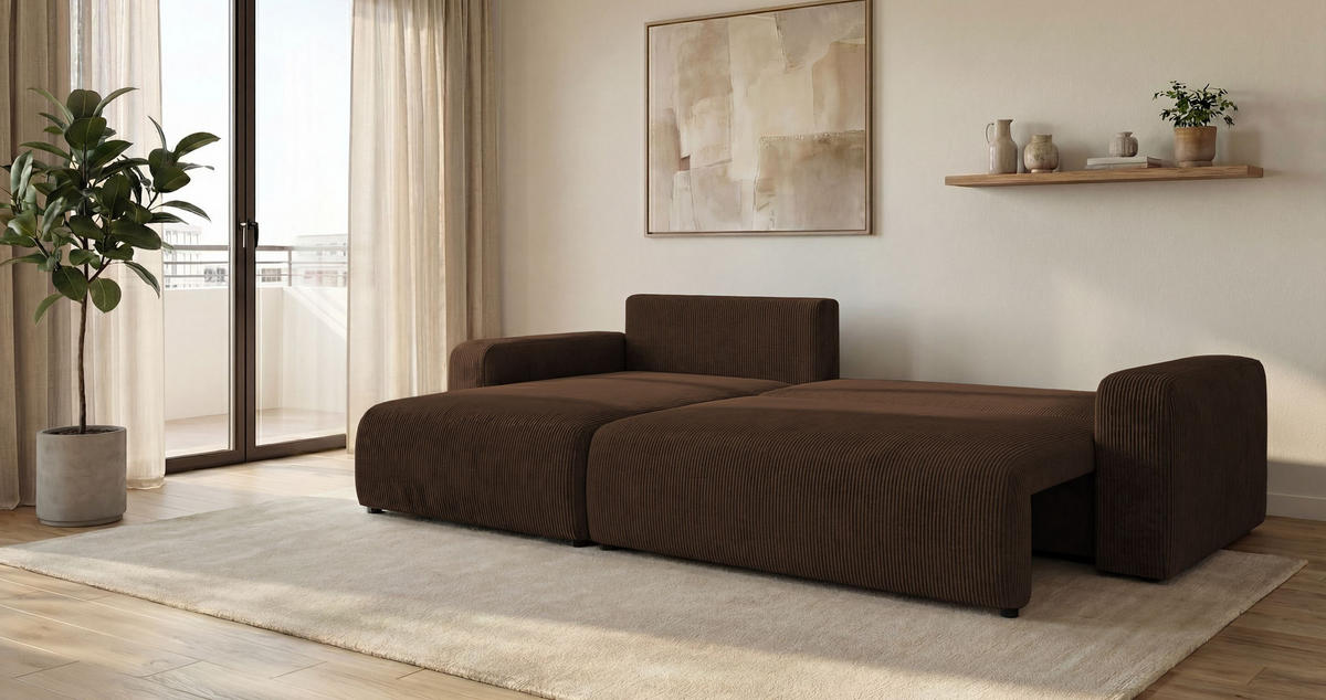 ROHOVÁ pohovka BERLIN levá hnědá manšestr Poso 6 - funkce spaní, úložný prostor - hnědá, textil (285/185cm) - Cornero