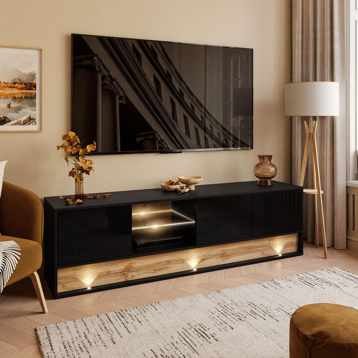 TV-SCHRANK VILLA 180 cm mit Einsatz aus Wotan Eiche - Eiche Wotan/Schwarz, Holzwerkstoff (180/50/40cm) - Lookway