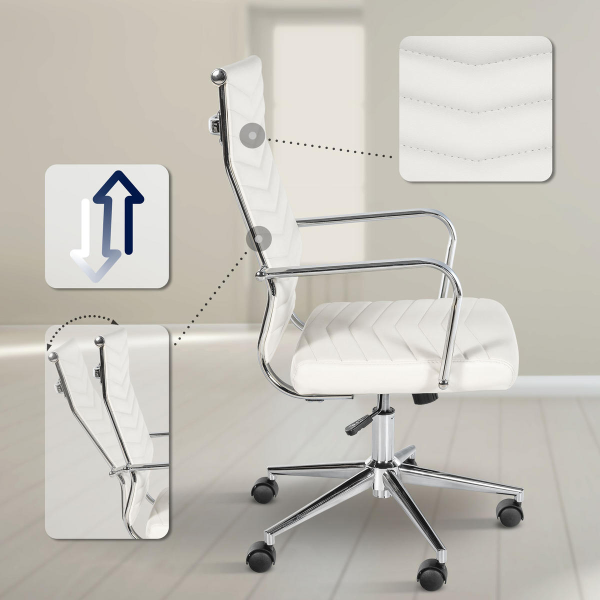 BÜROSTUHL Zynor Kunstleder weiß - Chromfarben/Weiß, Metall (57/109/60cm) - TPFLiving