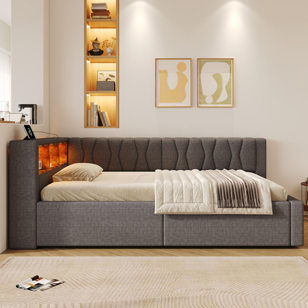 DENNÍ POSTEL 90x200cm Pohovka Úložná LED USB Šedá - šedá, přírodní materiály (90/200cm) - FLIEKS