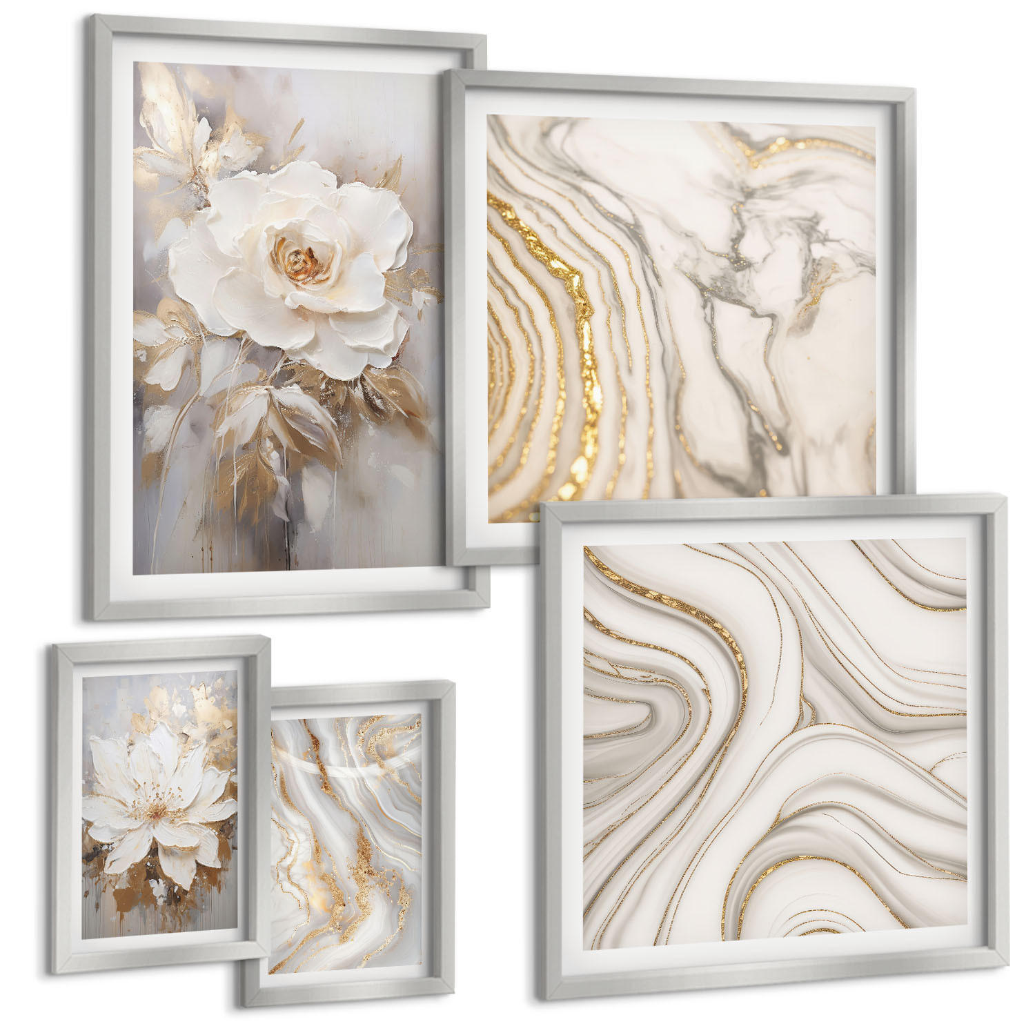 BILDER SET 5er Set - 50x50 cm & 20x30 cm & 40x60 cm Silberner Rahmen - Subtile abstrakte Muster - Silberfarben, Kunststoff (40/60cm) - TULUP