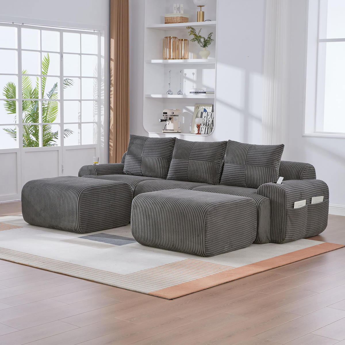 3-SITZER Wohnlandschaft Cord mit Getränkehalter und Seitentasche 268/174/80 cm Dunkelgrau - Dunkelgrau, Textil (174/80/268cm) - Redom