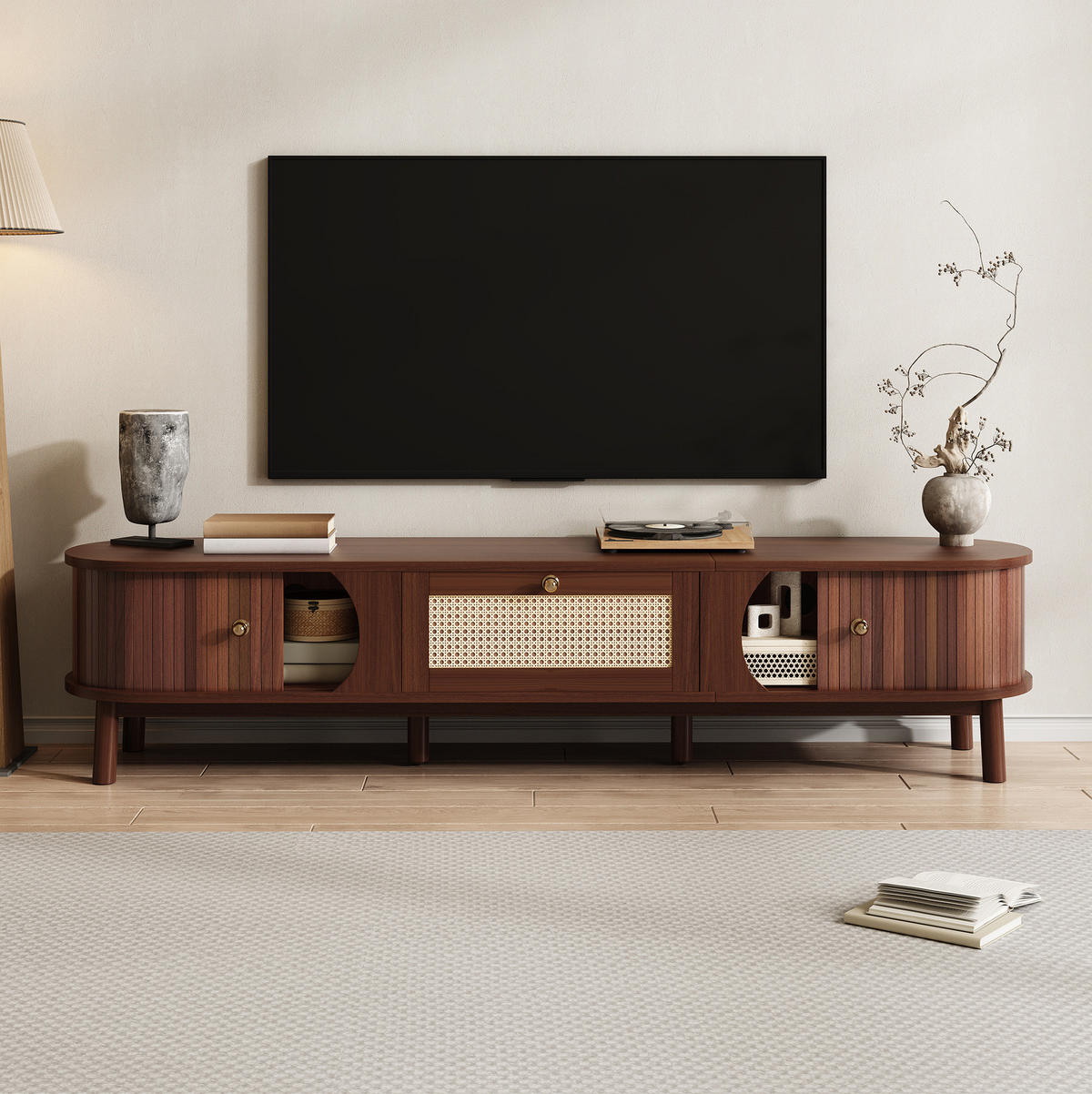 TV-SCHRANK mit Rattan-Schubladen und Türen in Holzoptik 170/38/39.5 cm - Eichefarben, Holzwerkstoff (170/38/39.5cm) - Redom