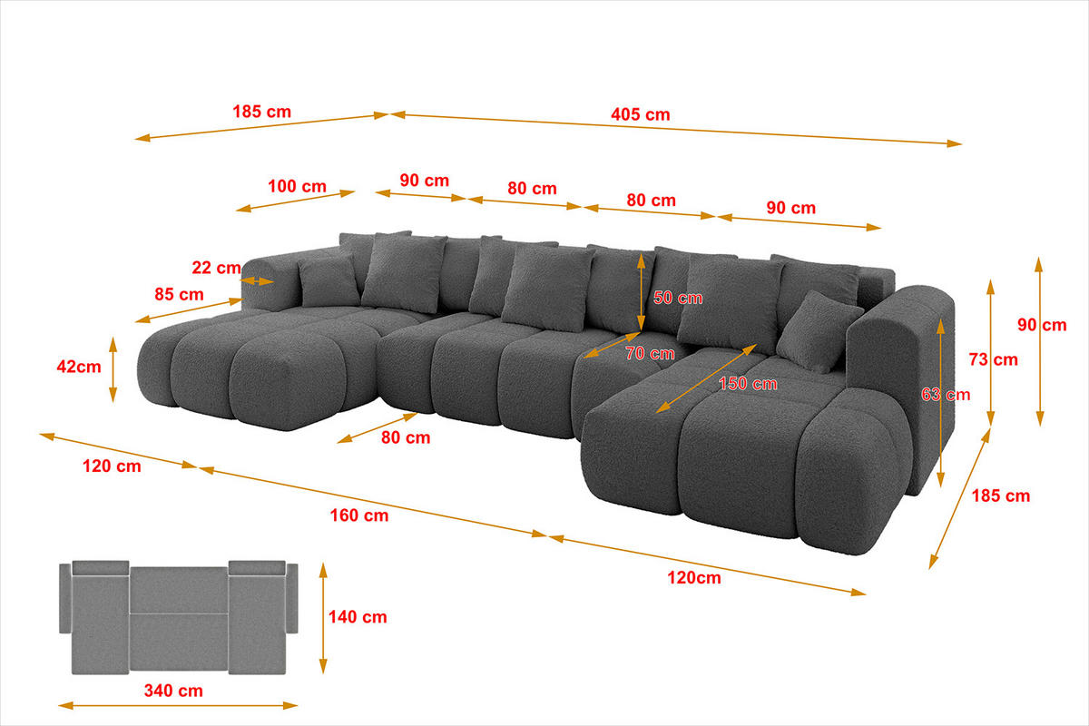 WOHNLANDSCHAFT CLOUD-U-v1 405x185x90 Schwarz Velours - Schwarz, Holzwerkstoff/Kunststoff (405/90/185cm) - ALTDECOR