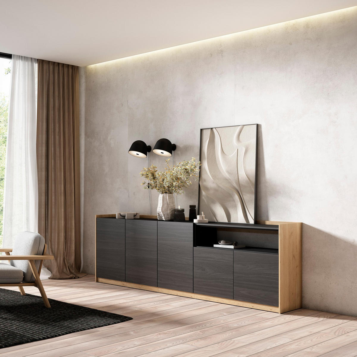 SIDEBOARD, Highboard, Schwarz Eiche, 260/37/80cm - Schwarz, Holzwerkstoff (260/80/37cm) - Skraut Home