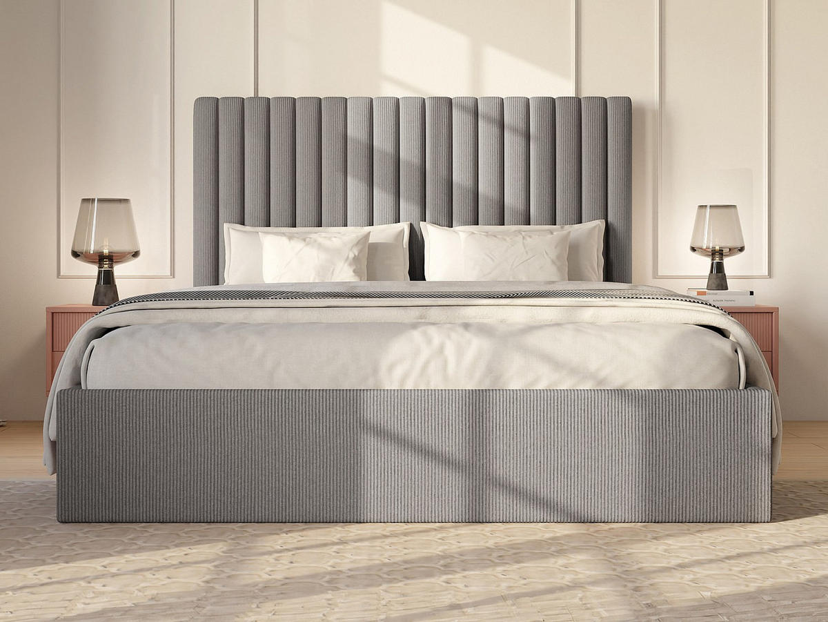 BETT mit Bettkasten - 2 Personen - Samt - Grau - Grau, Textil (160/200cm) - Vente-Unique