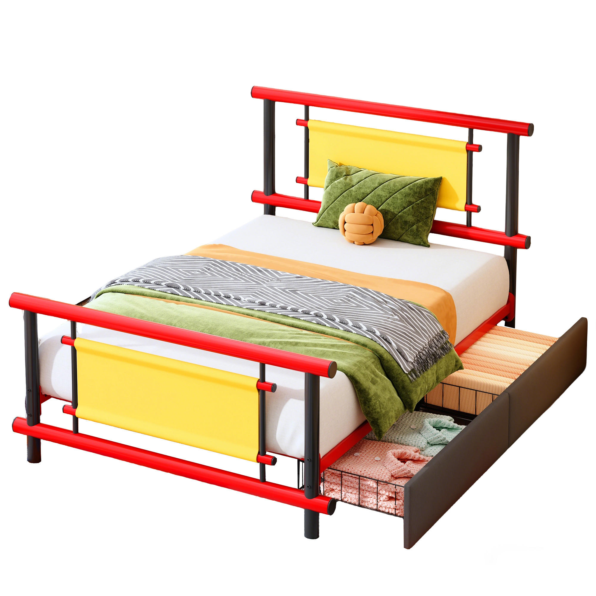 KINDERBETT 90/200 cm in Rot mit Schubladen aus Metall - Rot, Metall (90/200cm) - CHICFURN