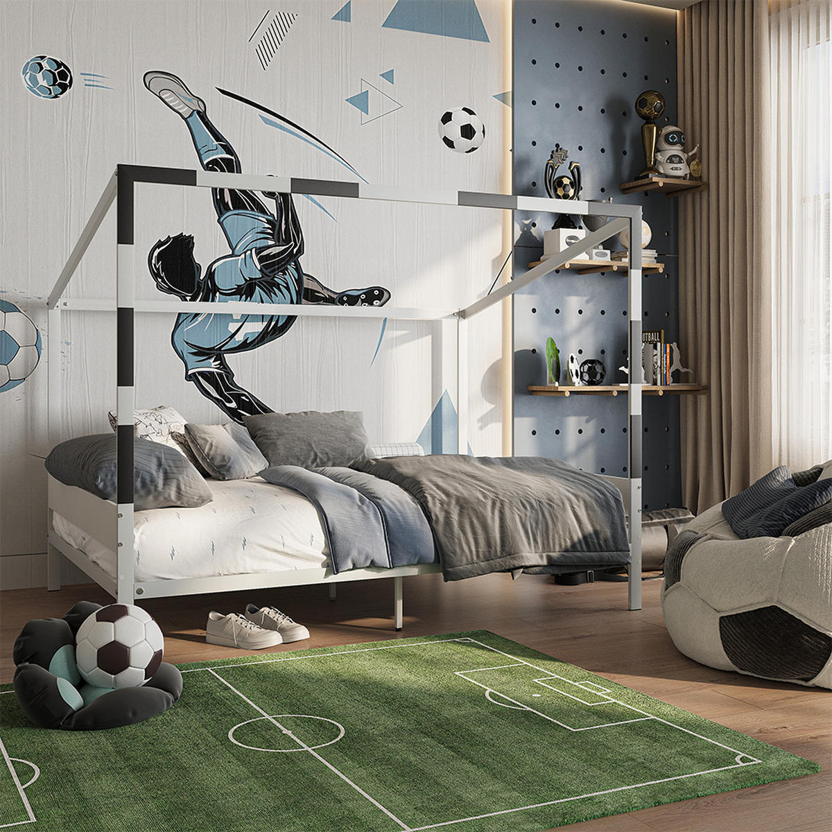KINDERBETT Goal, Weiß/Schwarz, 140x200 - Schwarz/Weiß, Metall - VitaliSpa