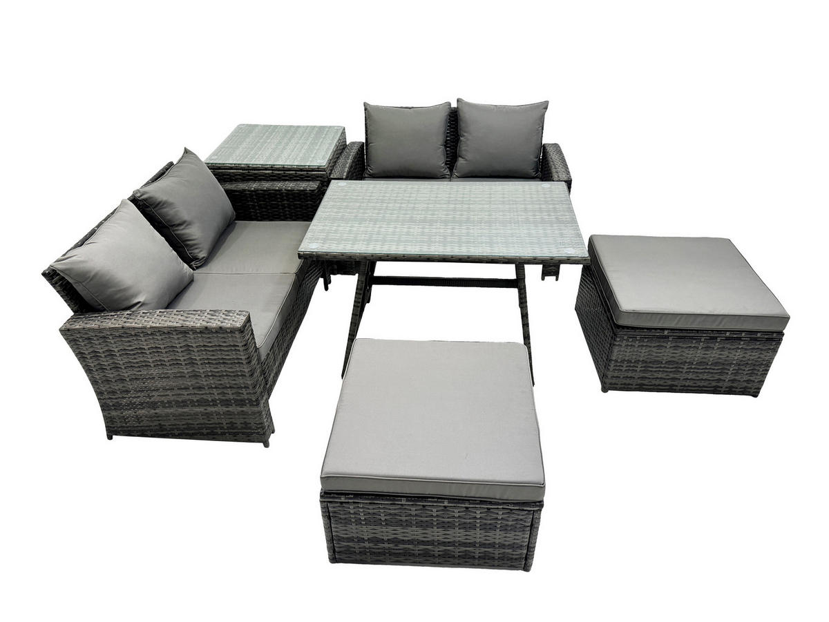GARTENMÖBELSET mit ESSTISCH,HOCHLEHNER-SOFA Polyrattan Dunkelgrauer Mix 6-Sitzer - Dunkelgrau/Grau, Glas/Kunststoff - Fimous