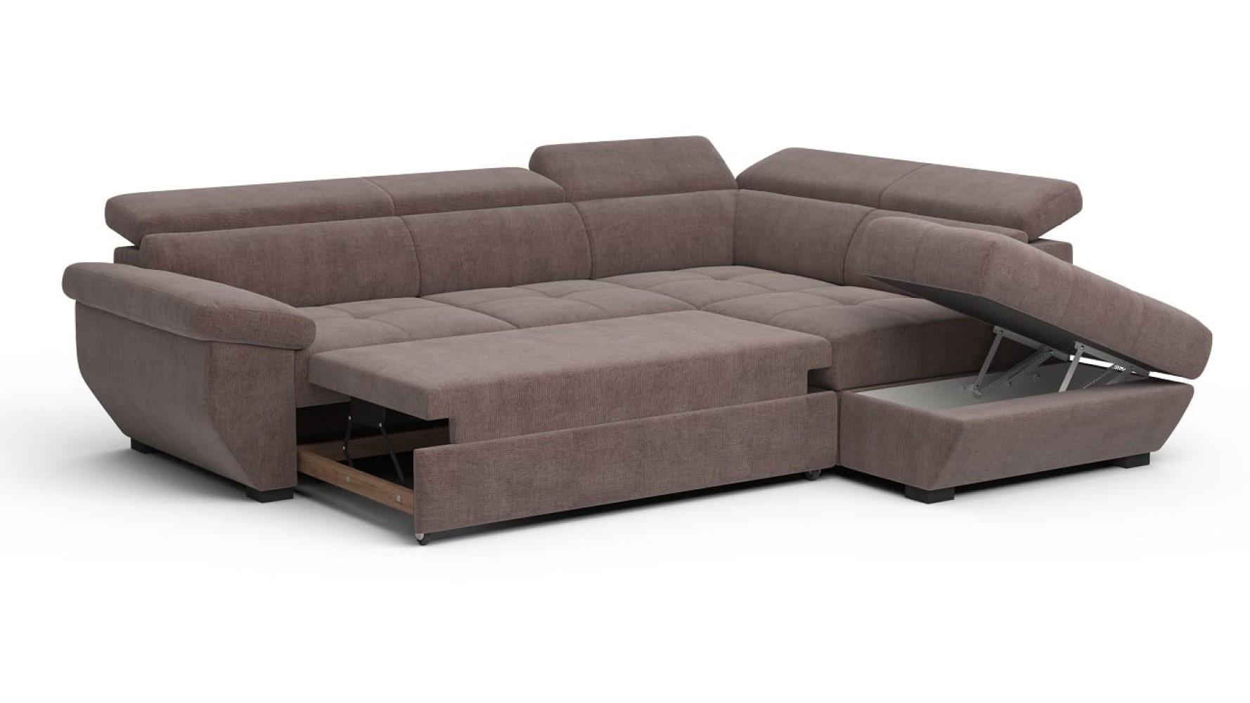 ECKSOFA mit Schlaffunktion und Bettkasten, verstellbare Kopflehnen - Taupe/Schwarz, Kunststoff/Textil (224/262cm) - Cotta