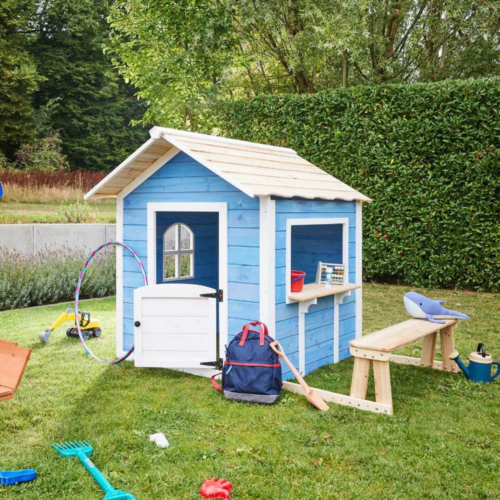 SPIELHAUS DER GROSSE PALAST - Farbe: Blau, Ausstattung: Mit Bank - Blau, Holz (101/128/106cm) - Home Deluxe
