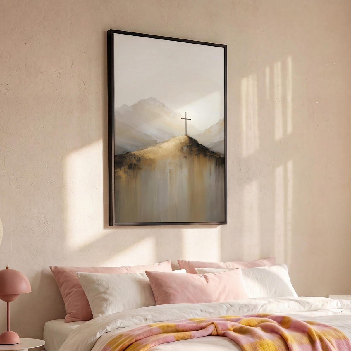 LEINWAND Bilder mit Rahmen - Hügel - Abstrakt - Kreuz - Christentum - 90x140 - Beige, Textil (90/140cm) - MuchoWow