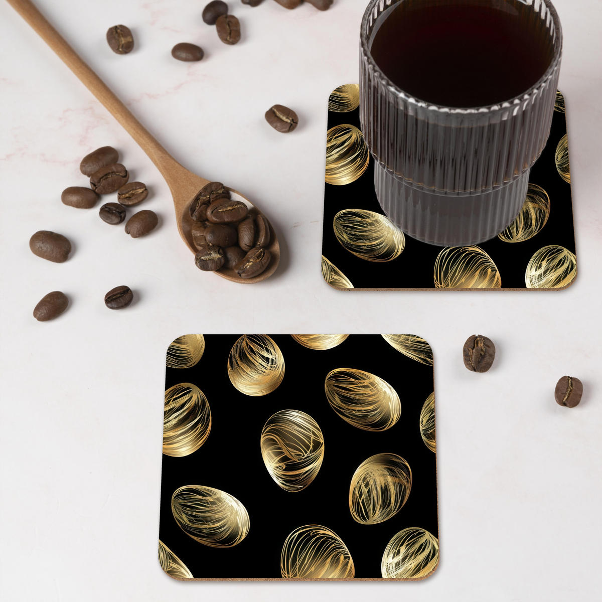 GLASUNTERSETZER 6er-Set Eier - Gold - Muster 10x10 cm - Schwarz, Naturmaterialien (10/0.2cm) - MuchoWow