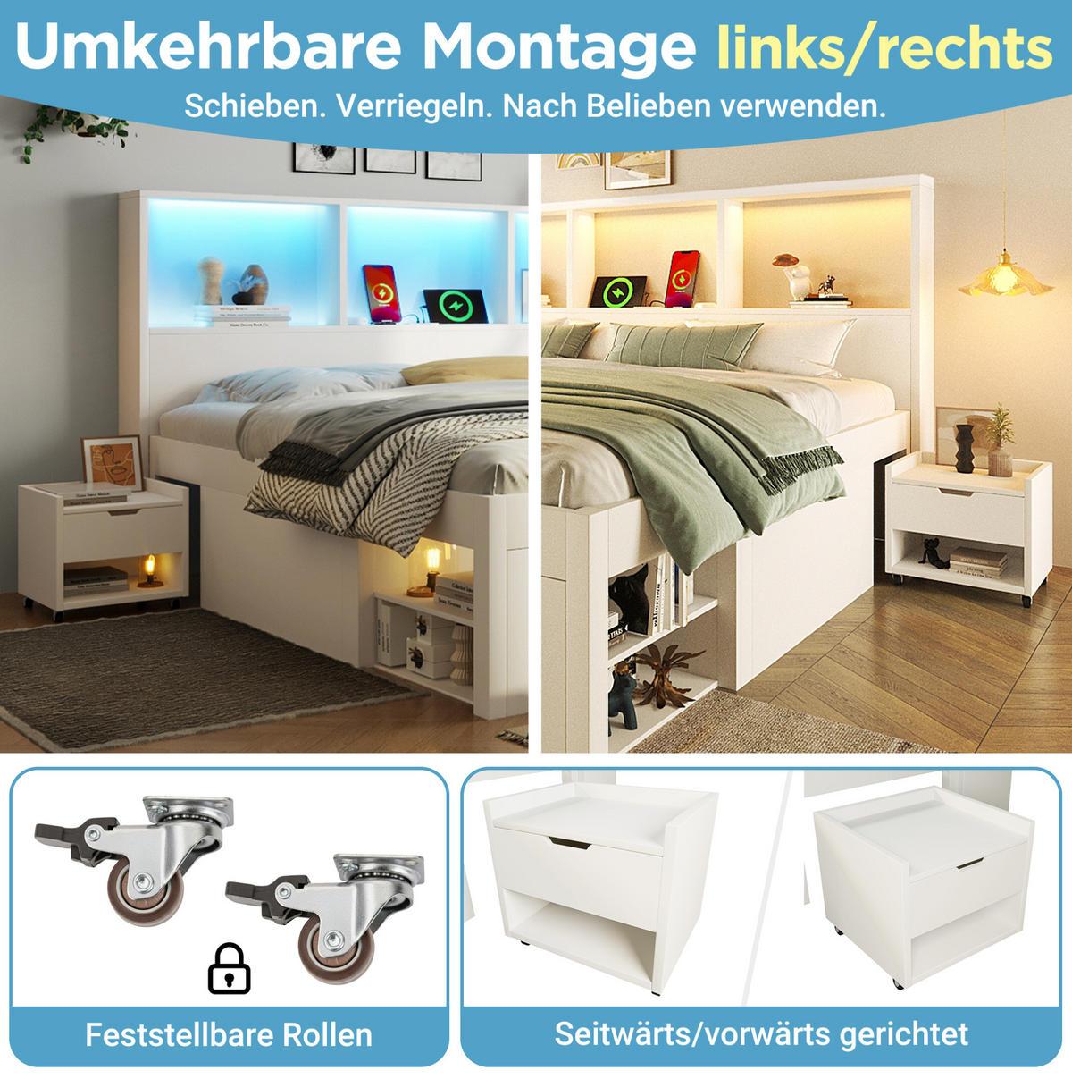 FUNKTIONSBETT 90/200 cm mit LED-Beleuchtung, USB-C, Stauraum und beweglichem Nachttisch und Matratze aus Holz, Weiß - Weiß, Holzwerkstoff (90/200cm) - Redom