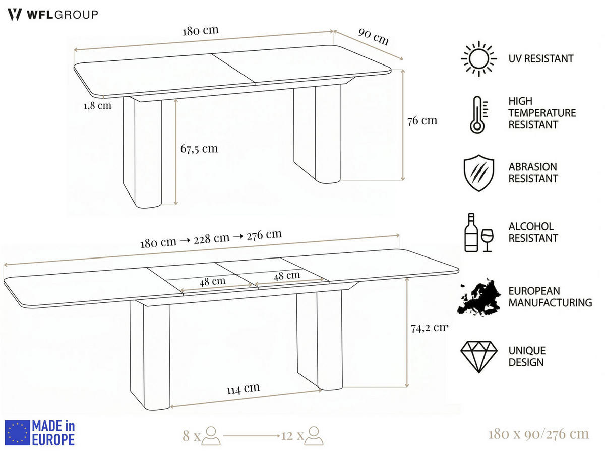 ESSTISCH Riven rechteckig ausziehbar verlängerbar mit Butterfly-Auszug, Beton Dunkelgrau 180-276/90/76 cm - Dunkelgrau/Schwarz, Holzwerkstoff/Metall (90/276/76cm) - WFL GROUP