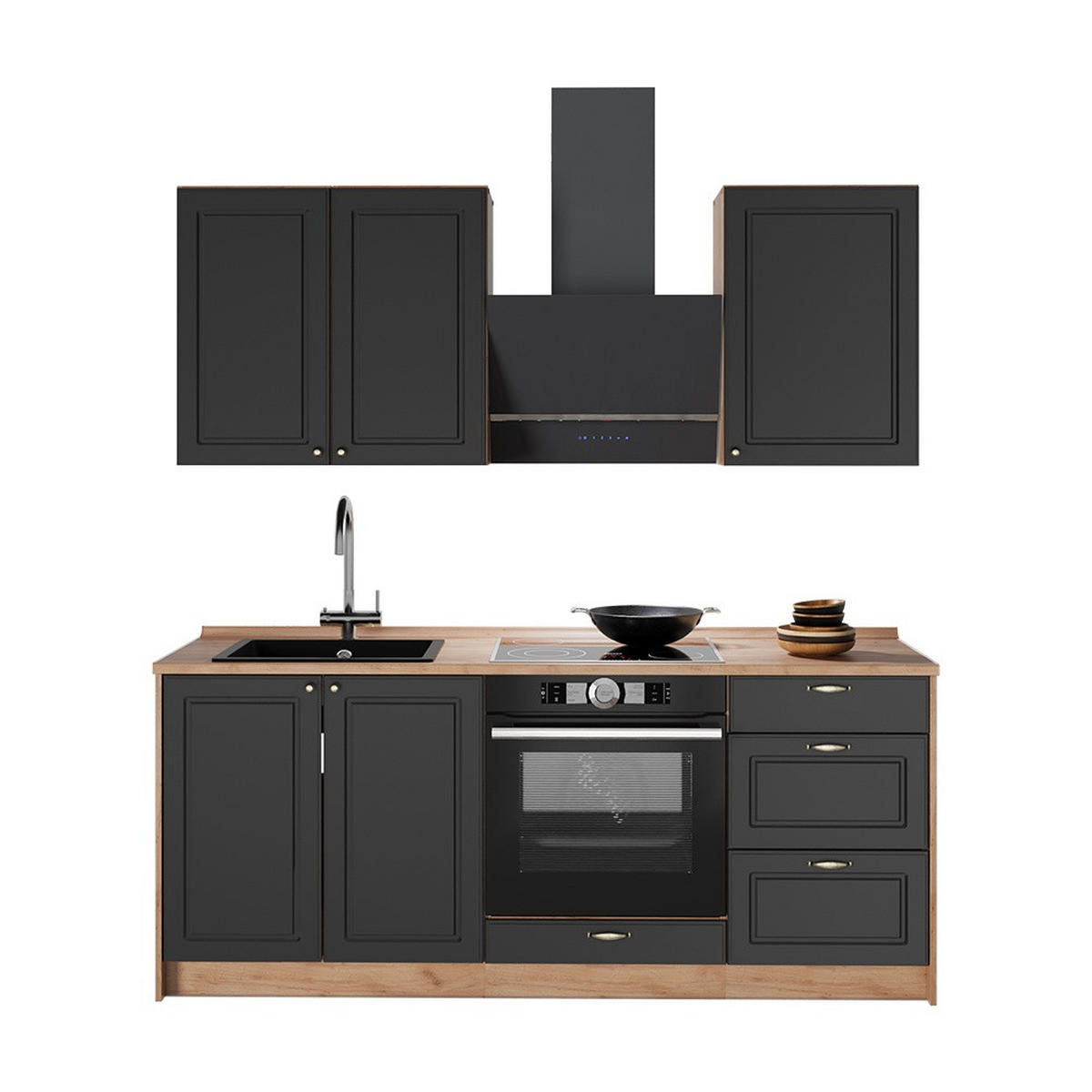 SINGLEKÜCHE Fame-Line, Anthrazit-Gold Landhaus/Goldkraft Eiche, 190 cm, AP Anthrazit - Honigeiche/Anthrazit, Holzwerkstoff (190/206.8/60cm) - Vicco