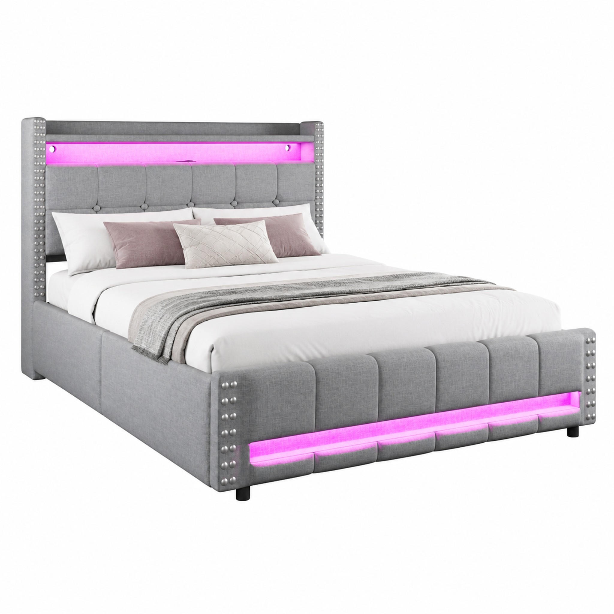 POLSTERBETT mit Stauraum, LED und USB 160x200 cm Leinen Hellgrau - Hellgrau, Metall (160/200cm) - Meubliv
