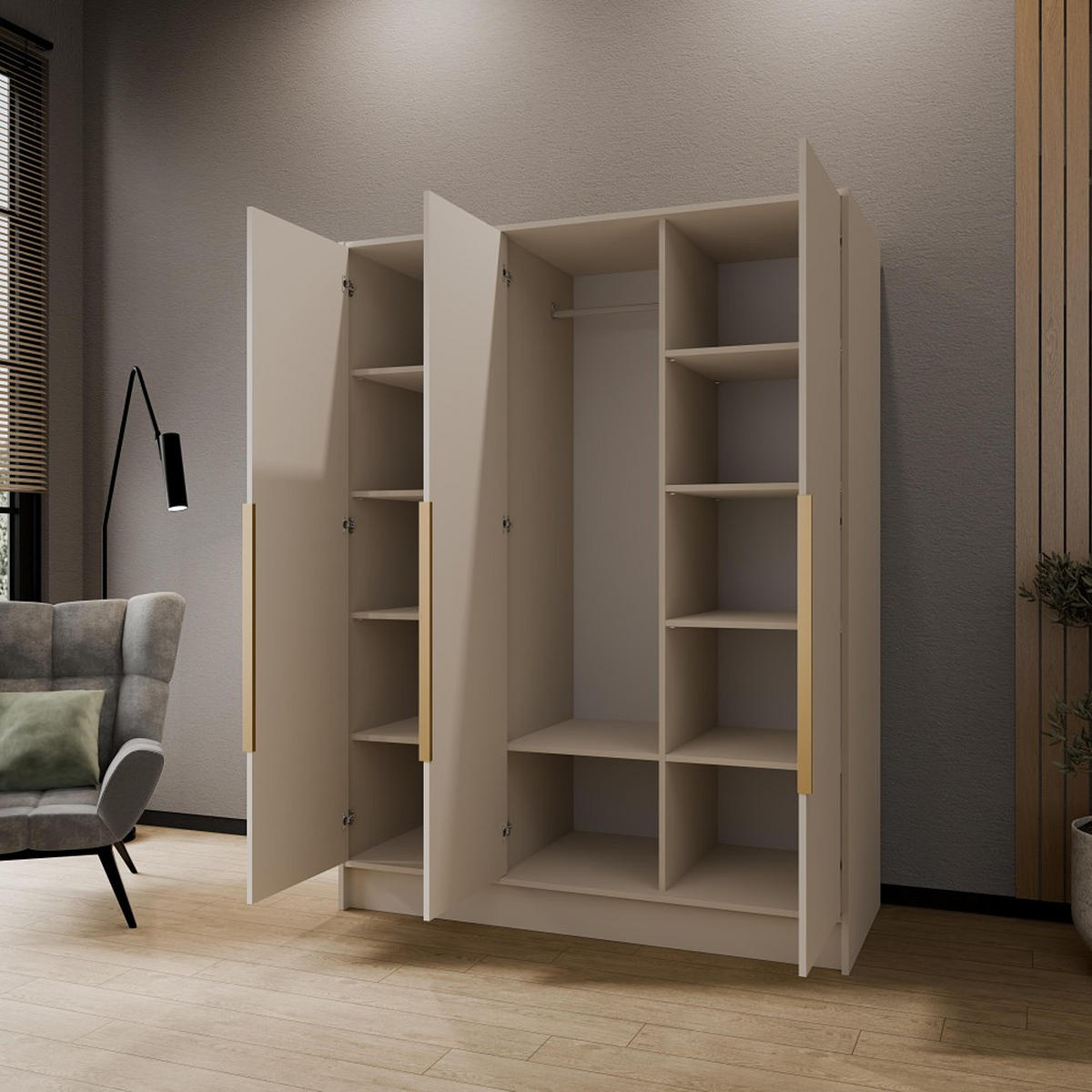 DREHTÜRENSCHRANK Pavia ohne Spiegel, Kaschmir mit goldenen Griffen, 150 cm - Kaschmir/Goldfarben, Holzwerkstoff (150/200/51cm) - Beautysofa