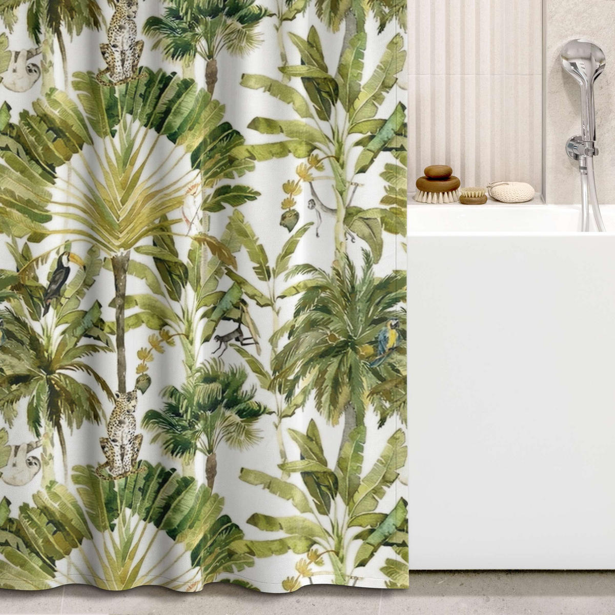 DUSCHVORHANG Aquarell Bananenpalme und Leopard Muster 180/180 cm - Grün, Textil (180/180cm) - Bilderwelten