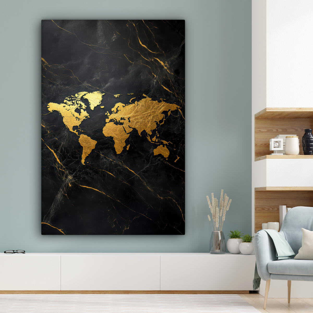 LEINWANDBILD Weltkarte - Gold - Marmor 90x140 cm - Goldfarben, Textil (90/140cm) - MuchoWow