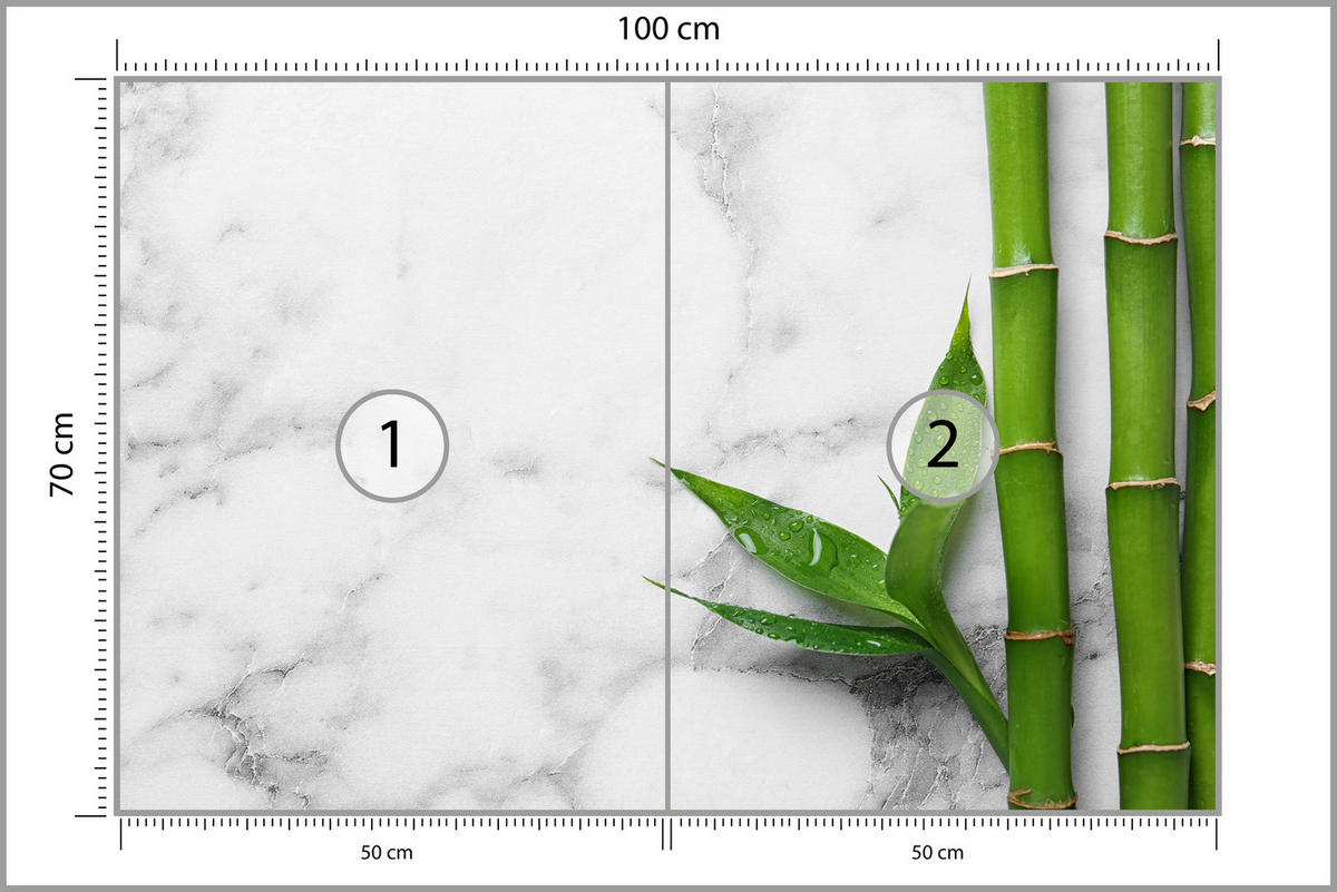 FOTOTAPETA Pre Kuchyňu Bambusové Listy Sivý Mramor Exotická Elegantná 100 x 70 cm - sivá/biela, papier (100/70cm) - Muralo