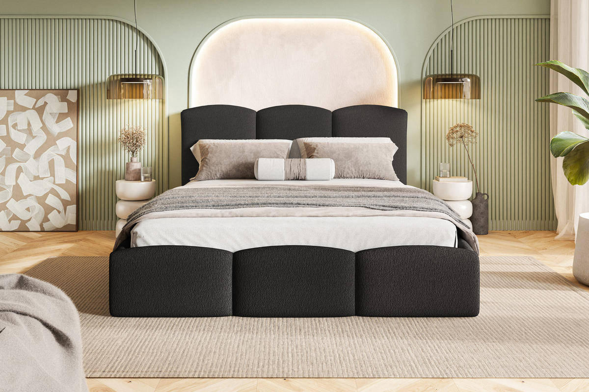 POLSTERBETT 140x200 Roma Slim mit Bettkasten, Lattenrost, Boucle Schwarz - Schwarz, Holz/Textil (140/200cm) - Emporius