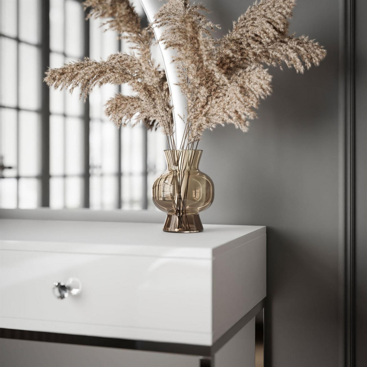 SCHMINKTISCH weiß QUINNIE GLAMOUR mit LED-Spiegel rechts Griff Kristall - Silberfarben/Weiß, Holzwerkstoff (100/176/42cm) - Lookway