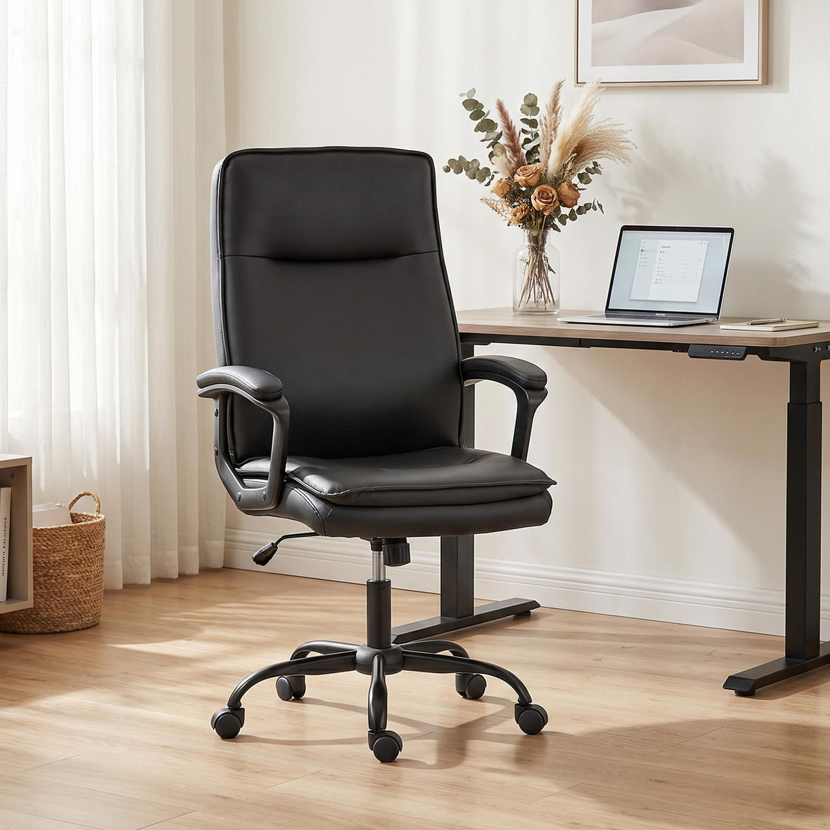 BÜROSTUHL Schwarz, Höhenverstellbar, Drehbar 360°, 85/55/55 cm - Schwarz, Metall (70/119/66cm) - PANGIVO