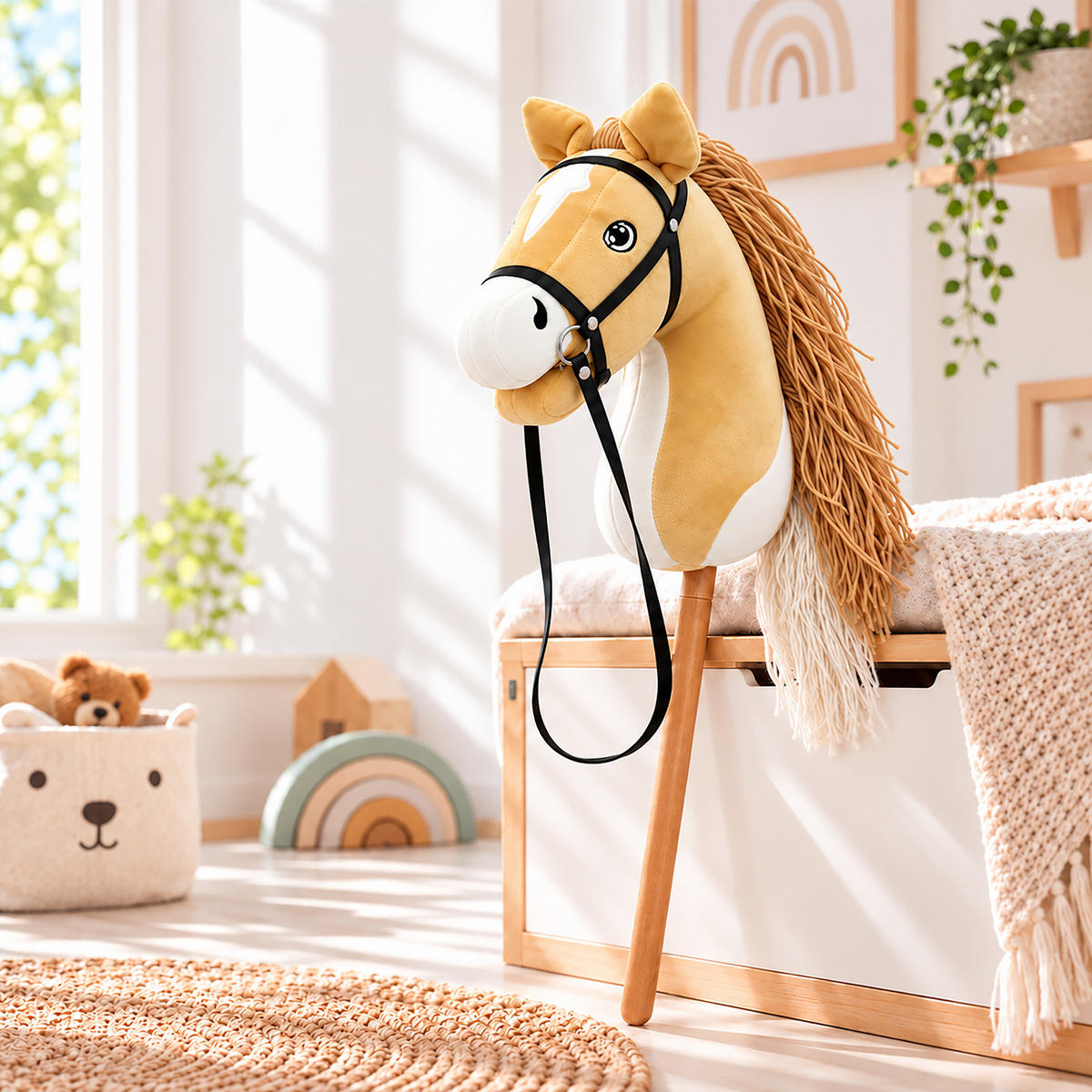 KONÍK Světle hnědý plyšový 71 cm s odnímatelnou bukovou tyčí - světle hnědá, dřevo/textil (12/71/29cm) - Relaxdays