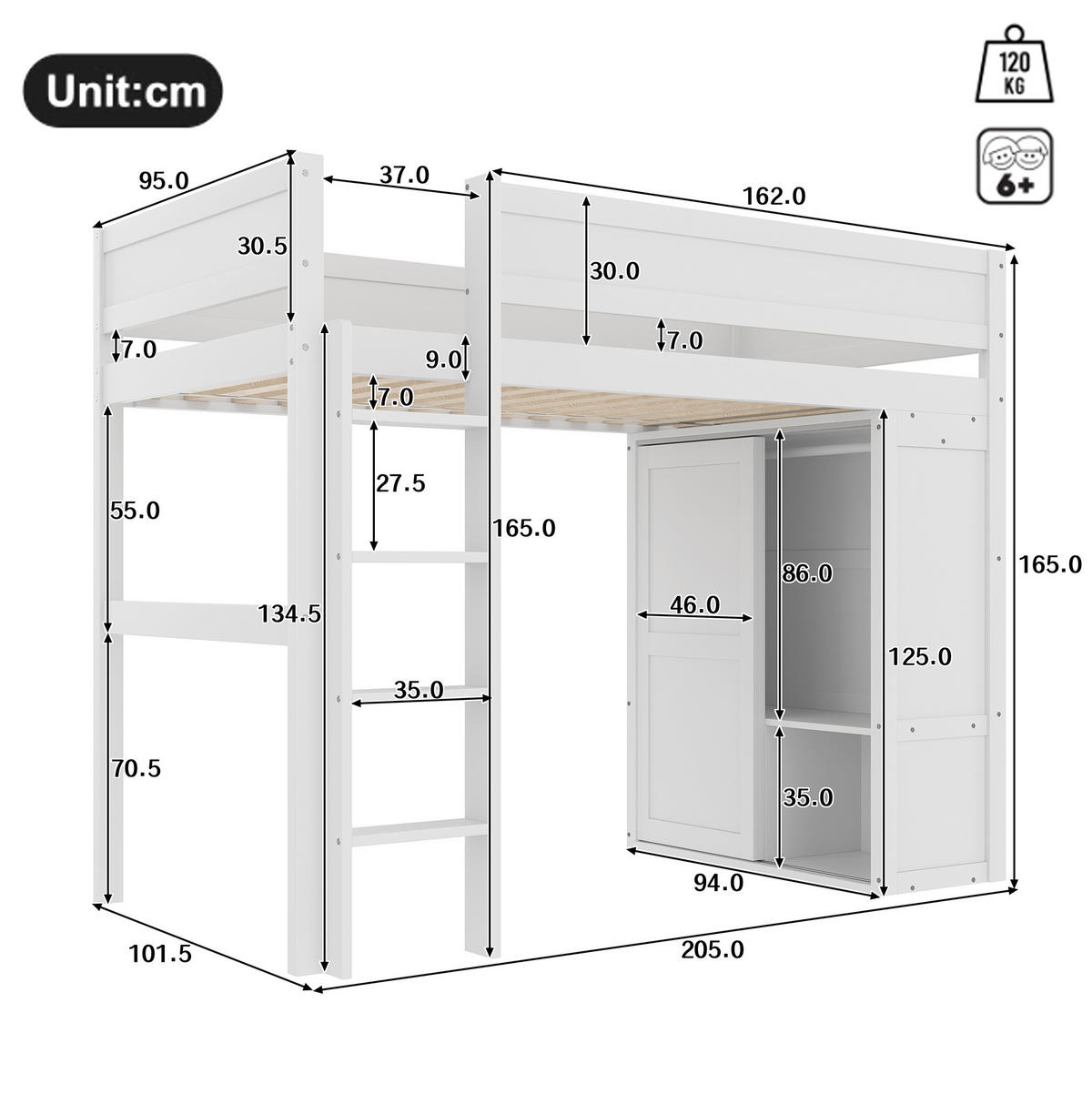 HOCHBETT 90/200 cm aus Kiefer und MDF mit Kleiderschrank und offenem Stauraum Weiß - Weiß, Holz (90/200cm) - Modenvie