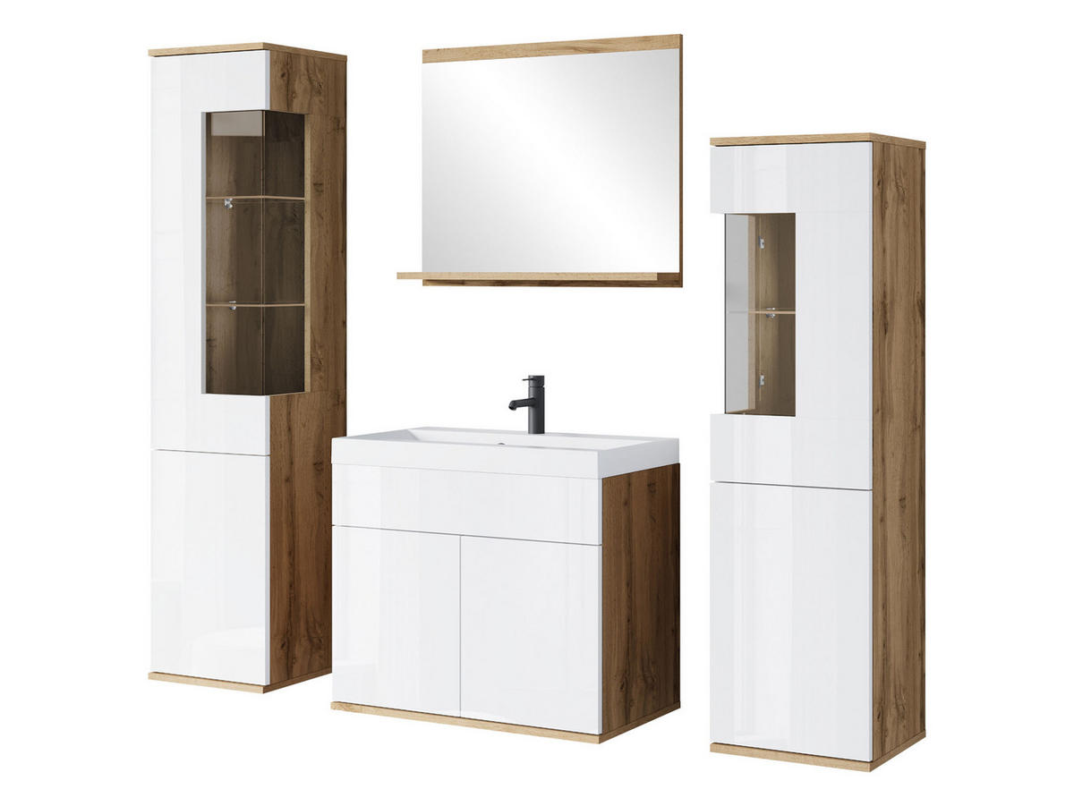 BADMÖBEL-SET Nairobi - Weiß Hochglanz/Eiche Wotan, Holzwerkstoff (31/133/31cm) - MIRJAN24