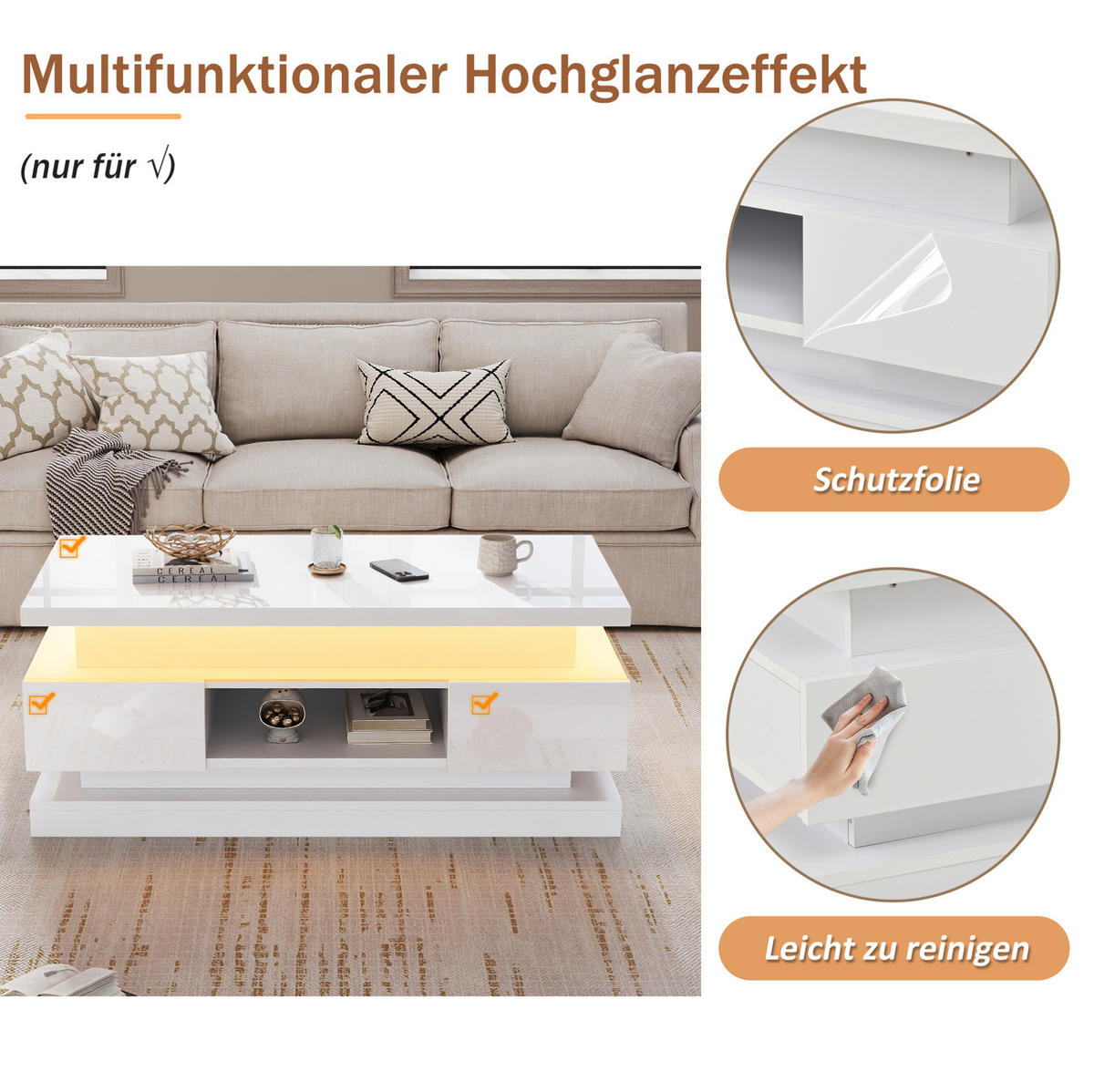KONFERENČNÝ stolík z drevotriesky, 100/50/40 cm biely, výškovo nastaviteľný s LED - biela, kompozitné drevo (100/50/40cm) - BEAOK